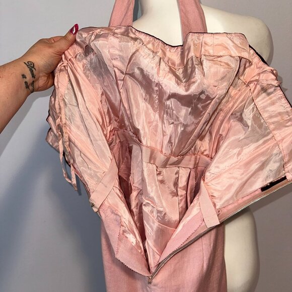 Vtg 60s Hannah Troy Pink Linen Wiggle Dress Maroon Detail Halter Pinup Small - Picture 5 of 8